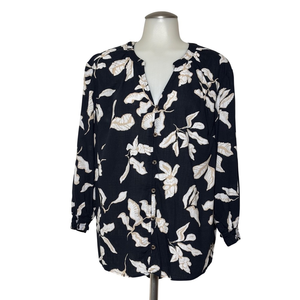 Sonoma Blouse Women XL Black Leaf Print Button Front 3/4 Sleeve New w/o tag